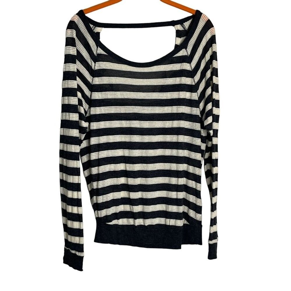 Alo Yoga Open Back Long Sleeve Striped Perforated Shirt Cream Grey Oversized XS